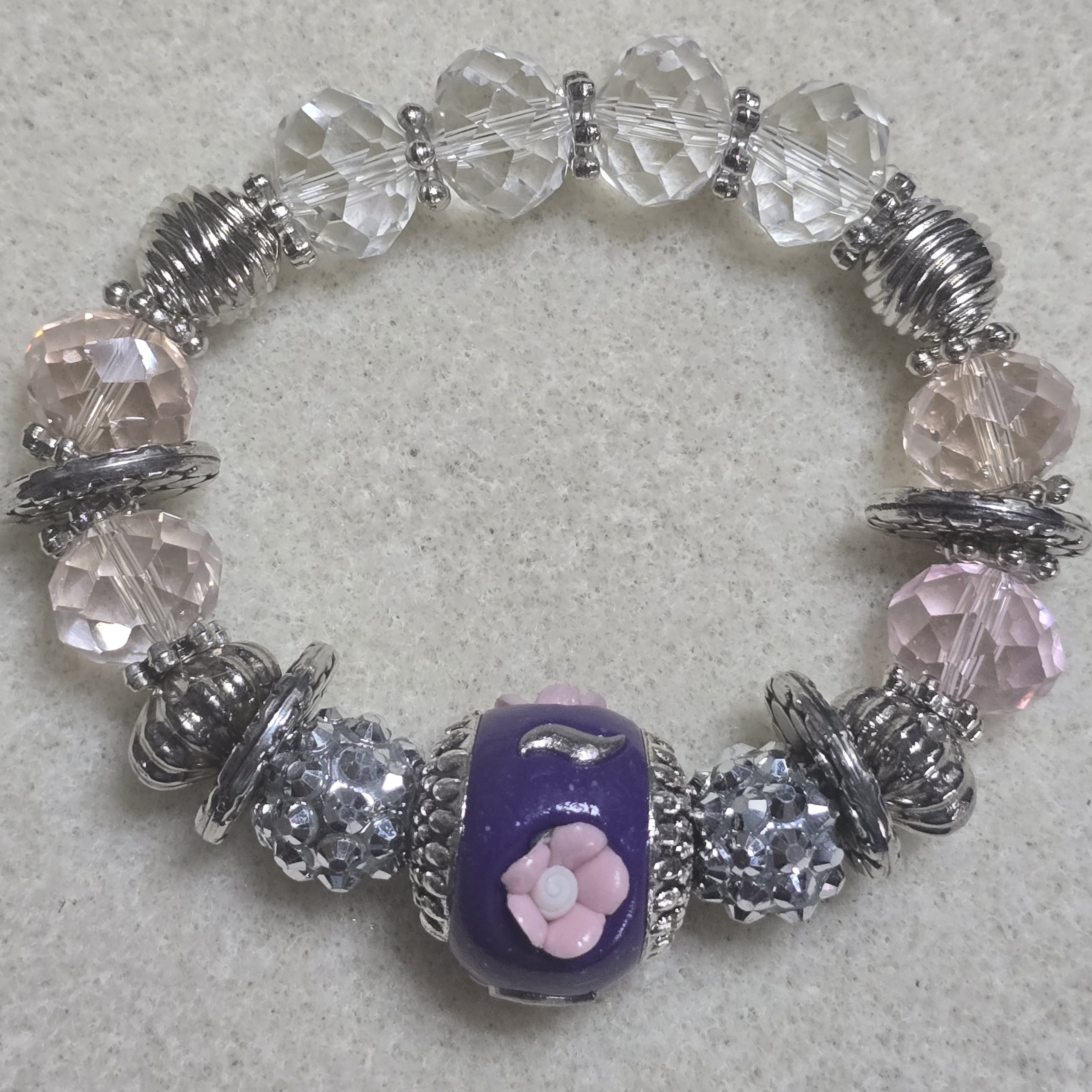 Sparkling Purple Floral Bead Stretch Bracelet With Pink & Clear Accents